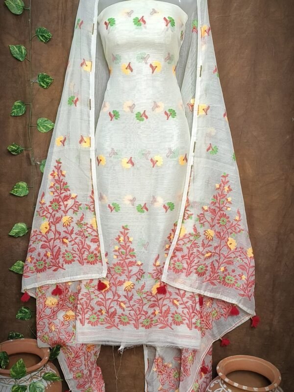 Jhumka Lota Light Cream Unstitched 2 Piece Jamdani Suit Set
