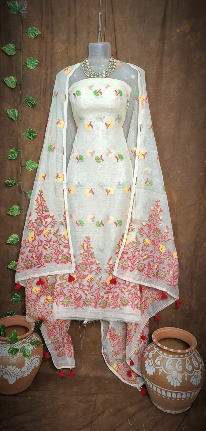 Jhumka Lota Light Cream Unstitched 2 Piece Jamdani Suit Set