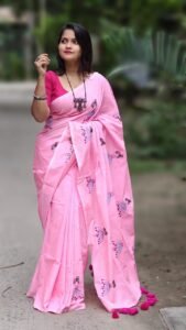 Light Pink Soft Embroidery Work Cotton Saree