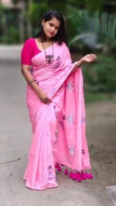 Light Pink Soft Embroidery Work Cotton Saree
