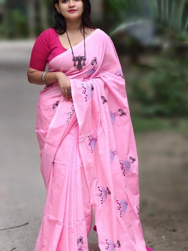 Light Pink Soft Embroidery Work Cotton Saree