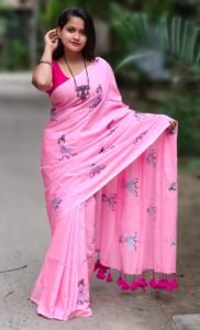 Light Pink Soft Embroidery Work Cotton Saree