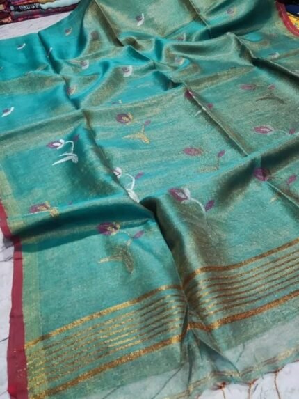 Light Sea Green Soft Rose Design Tissue Saree With Blouse Piece