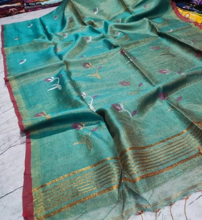 Light Sea Green Soft Rose Design Tissue Saree With Blouse Piece
