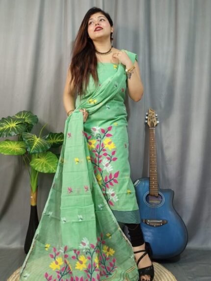 Lota Bahar Faded Green Unstitched 2 Piece Jamdani Suit Set