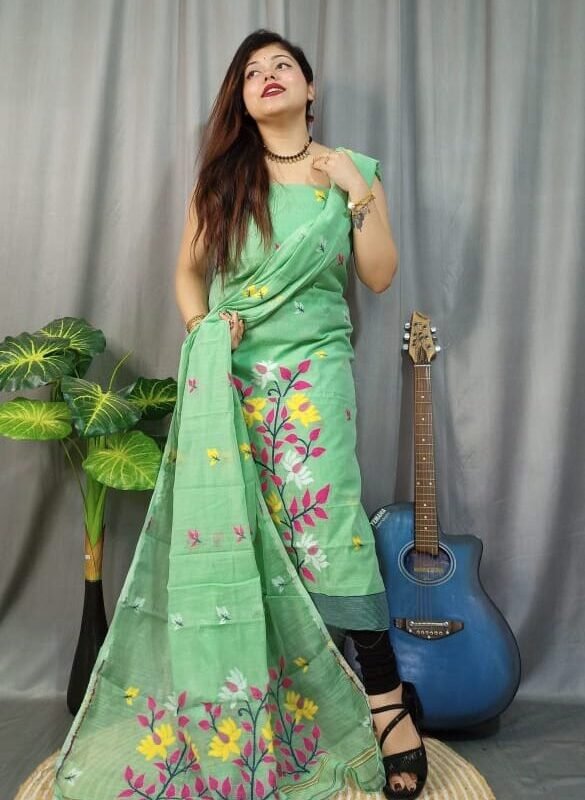 Lota Bahar Faded Green Unstitched 2 Piece Jamdani Suit Set