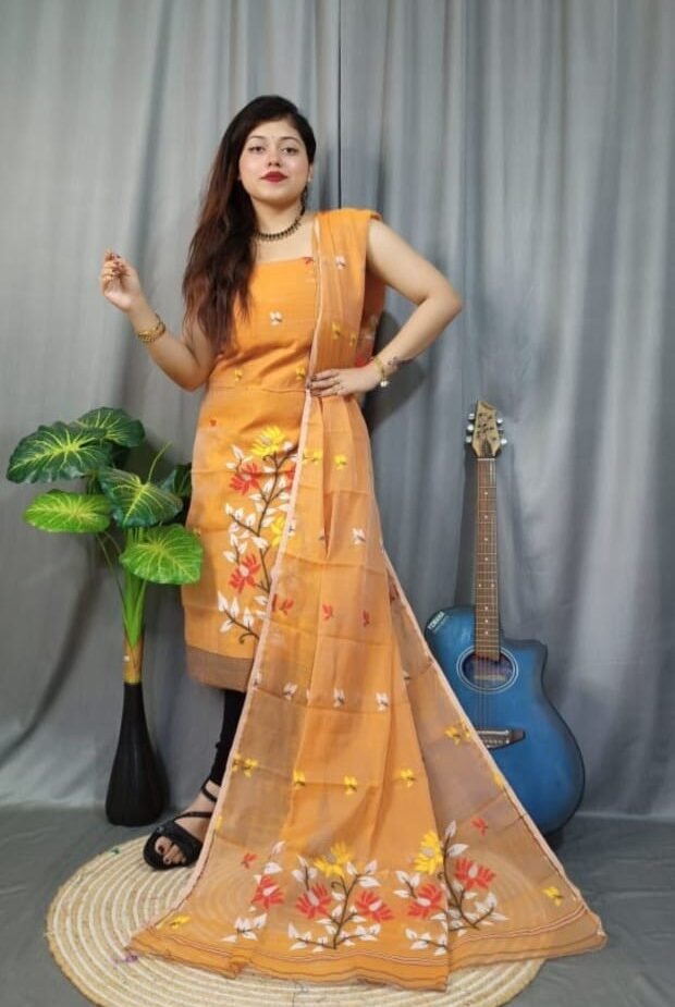 Lota Bahar Faded Orange Unstitched 2 Piece Jamdani Suit Set