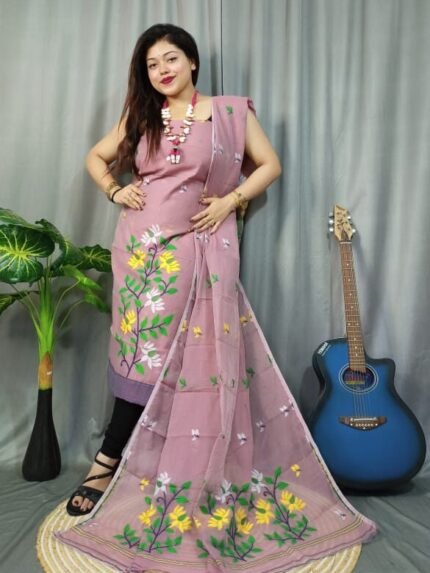 Lota Bahar Grey Pink Unstitched 2 Piece Jamdani Suit Set