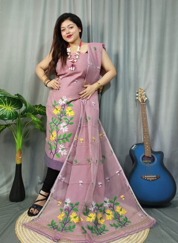 Lota Bahar Grey Pink Unstitched 2 Piece Jamdani Suit Set