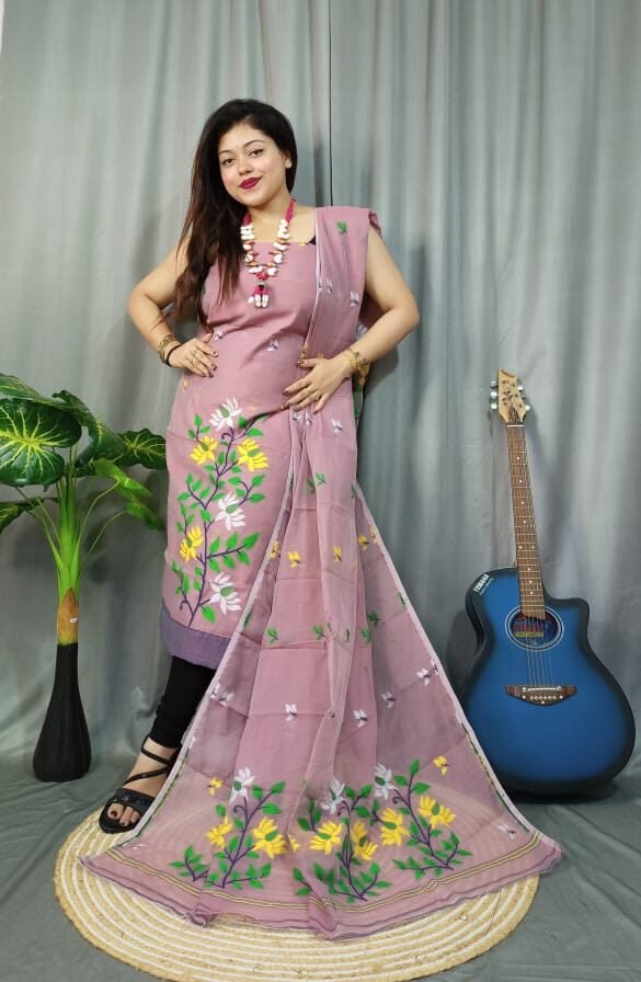 Lota Bahar Grey Pink Unstitched 2 Piece Jamdani Suit Set