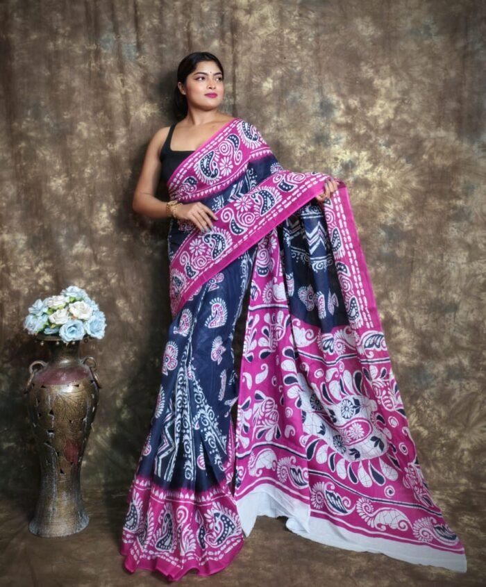 Navy Blue Soft Mulmul Cotton Saree