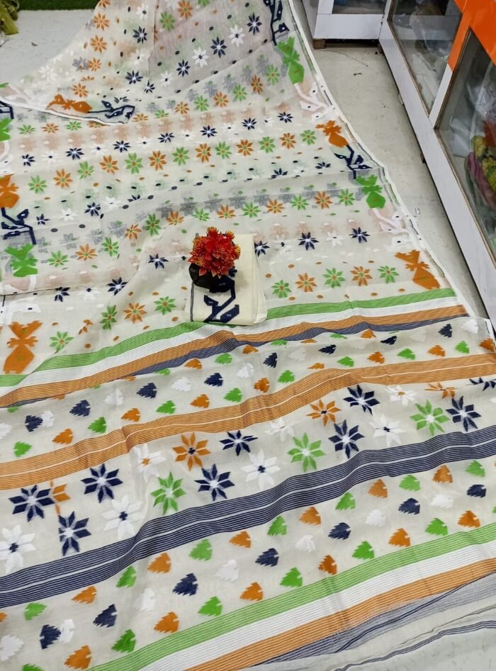 Nayan Tara Cream Soft Jamdani Saree With Blouse Piece