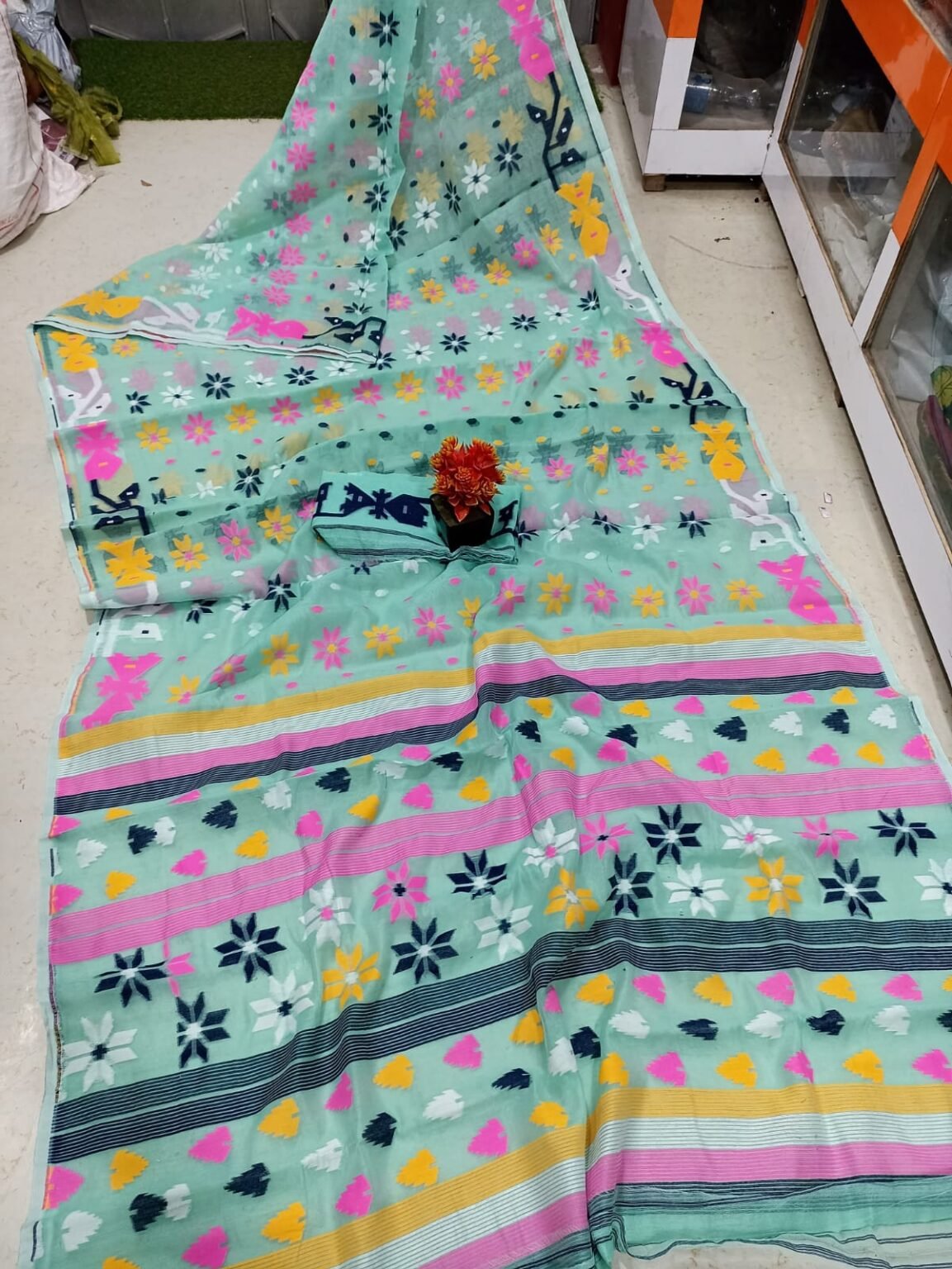 Nayan Tara Greyish Teal Soft Jamdani Saree With Blouse Piece