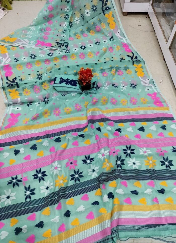 Nayan Tara Greyish Teal Soft Jamdani Saree With Blouse Piece