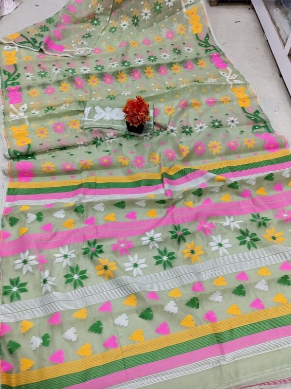 Nayan Tara Lemon Grass Soft Jamdani Saree With Blouse Piece