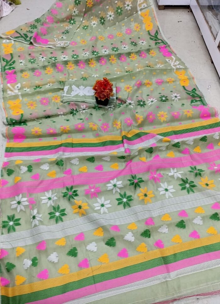 Nayan Tara Lemon Grass Soft Jamdani Saree With Blouse Piece