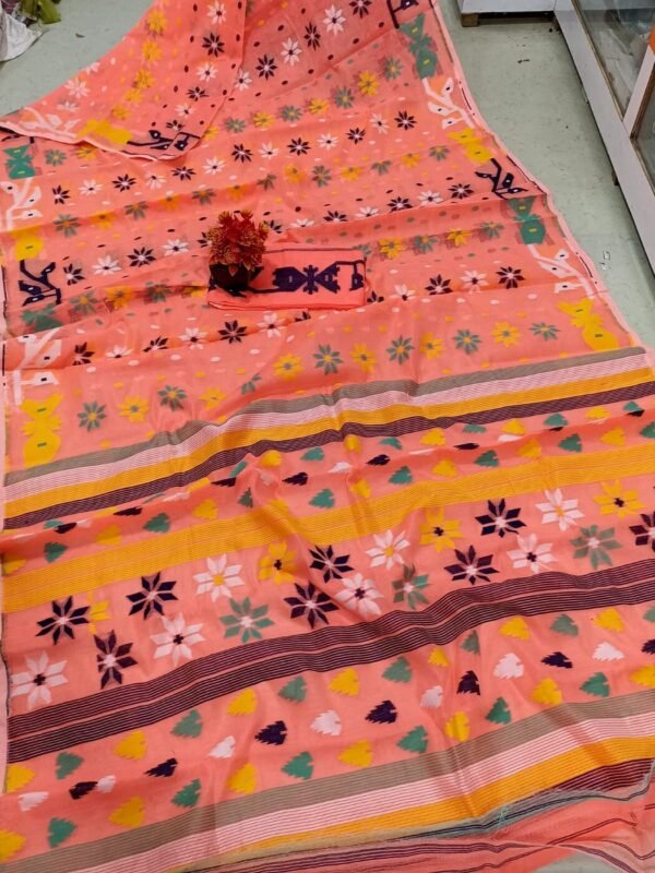 Nayan Tara Light Coral Soft Jamdani Saree With Blouse Piece