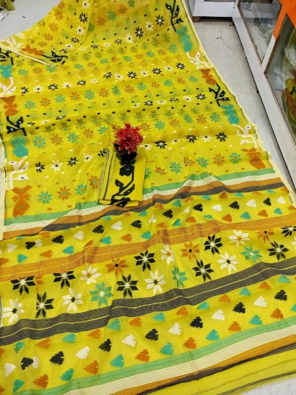 Nayan Tara Olive Yellow Soft Jamdani Saree With Blouse Piece