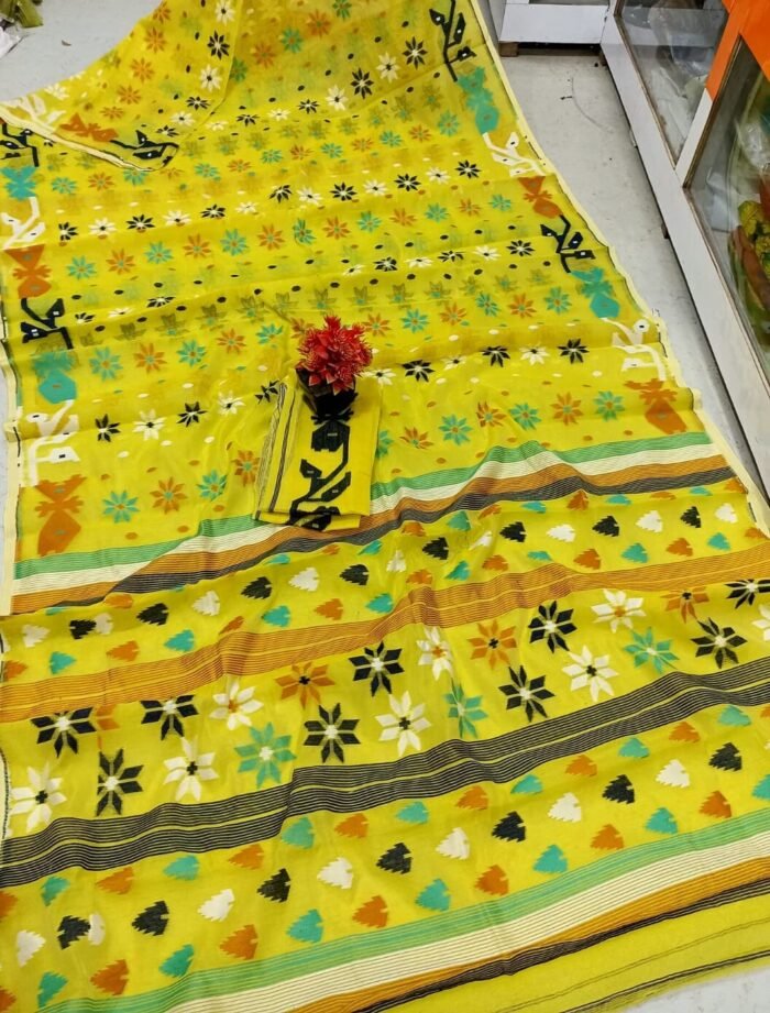 Nayan Tara Olive Yellow Soft Jamdani Saree With Blouse Piece