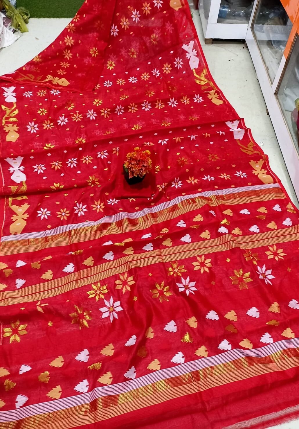 Nayan Tara Red Soft Jamdani Saree With Blouse Piece Nayan Tara Red Soft Jamdani Saree With Blouse Piece