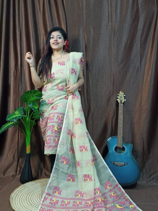 Pakhi Lota Cream Unstitched 2 Piece Jamdani Suit Set