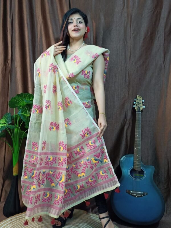 Pakhi Lota Cream Unstitched 2 Piece Jamdani Suit Set