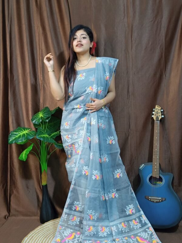 Pakhi Lota Grey Blue Unstitched 2 Piece Jamdani Suit Set