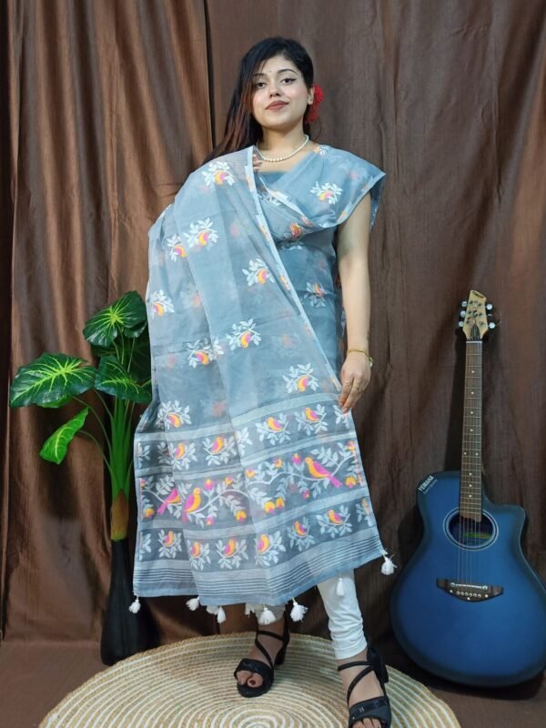 Pakhi Lota Grey Blue Unstitched 2 Piece Jamdani Suit Set