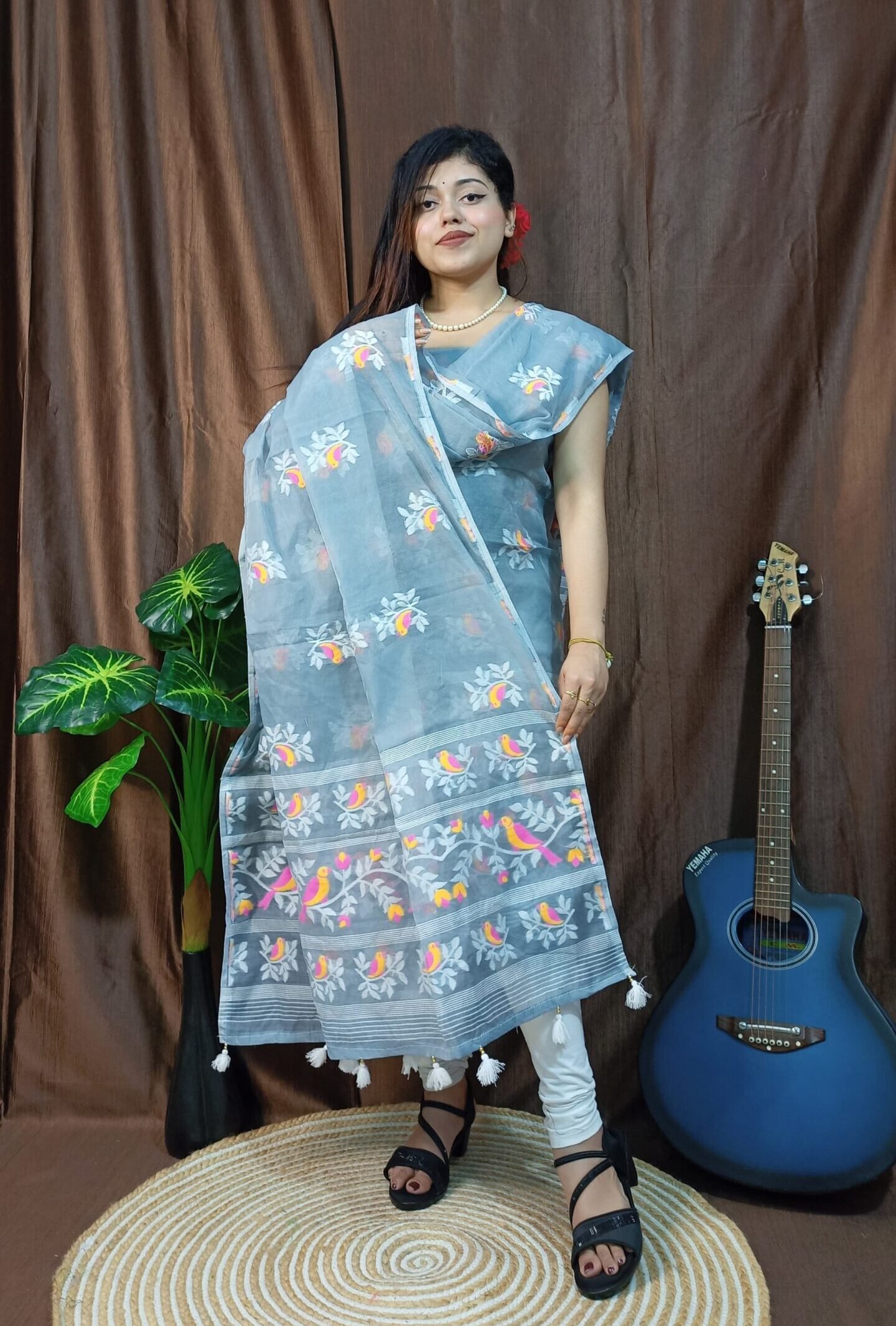 Pakhi Lota Grey Blue Unstitched 2 Piece Jamdani Suit Set