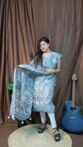 Pakhi Lota Grey Blue Unstitched 2 Piece Jamdani Suit Set