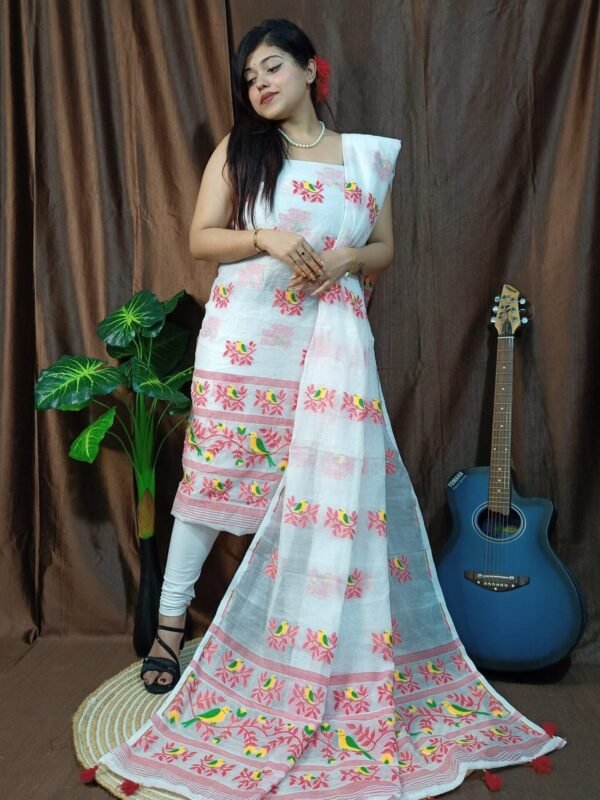 Pakhi Lota White Unstitched 2 Piece Jamdani Suit Set