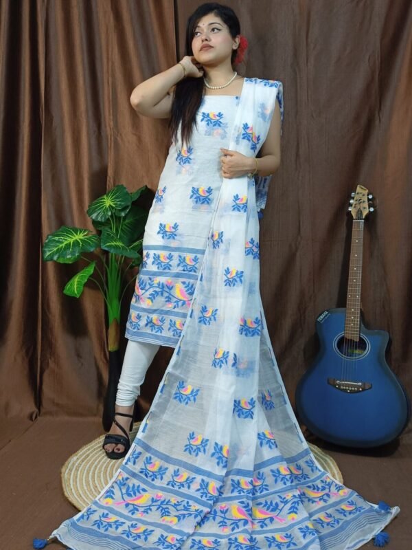 Pakhi Lota White Unstitched 2 Piece Jamdani Suit Set