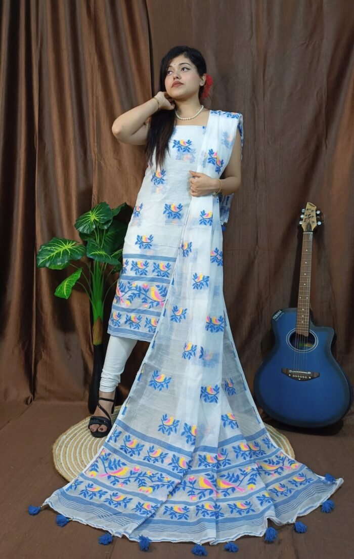 Pakhi Lota White Unstitched 2 Piece Jamdani Suit Set