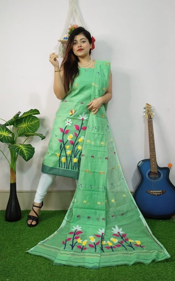 Pata Bahar Faded Green Unstitched 2 Piece Jamdani Suit Set