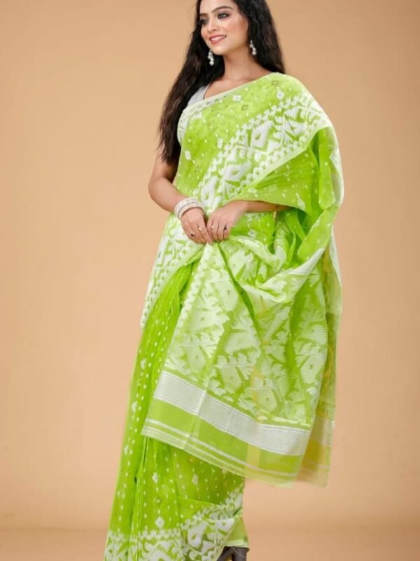 Pea Green Soft Buti Korat Jamdani Saree With Blouse Piece