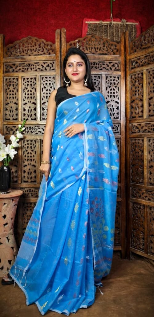 Picton Blue Soft Dhakai Jamdani Sari With Blouse Piece