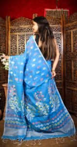 Picton Blue Soft Dhakai Jamdani Sari With Blouse Piece