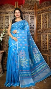 Picton Blue Soft Dhakai Jamdani Sari With Blouse Piece