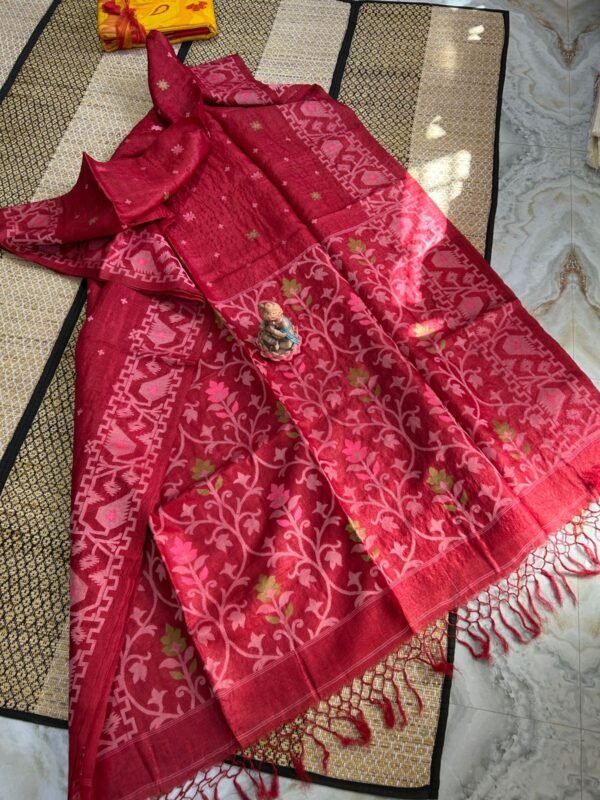 Pinkish Red Pure Tussar By Gachi Tussar Handloom Jamdani Sari With Blouse Piece