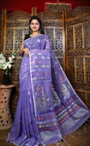 Purple Blue Soft Dhakai Jamdani Sari With Blouse Piece