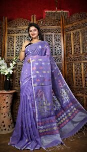 Purple Blue Soft Dhakai Jamdani Sari With Blouse Piece