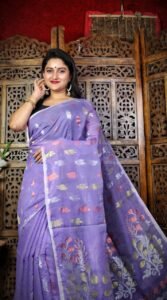 Purple Blue Soft Dhakai Jamdani Sari With Blouse Piece