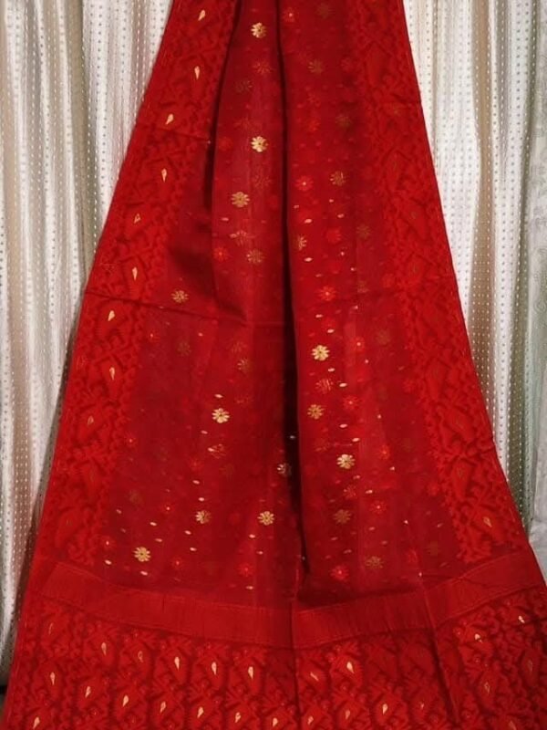 Red Soft Buti Korat Jamdani Saree With Blouse Piece
