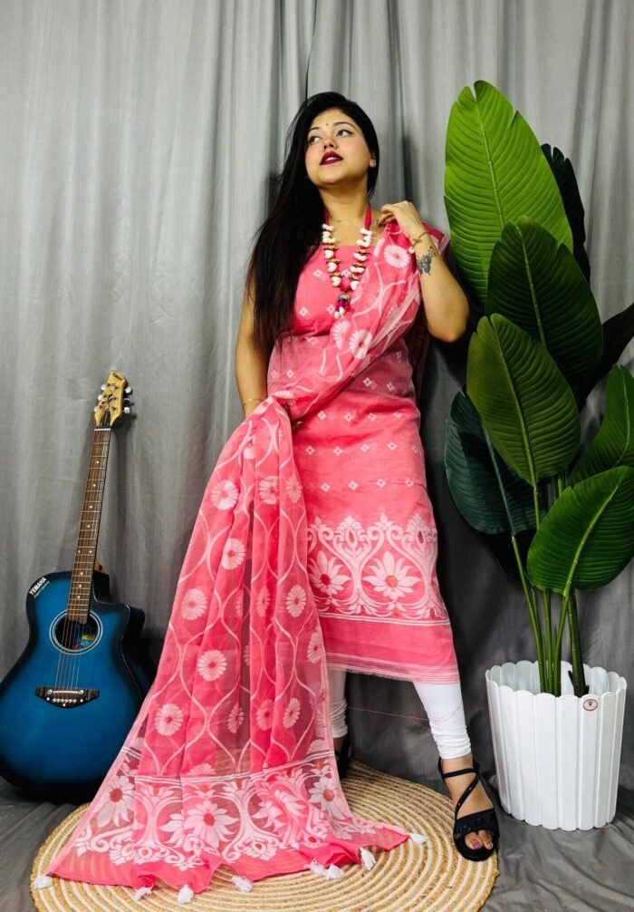 Sunflower Faded Red Unstitched 2 Piece Jamdani Suit Set