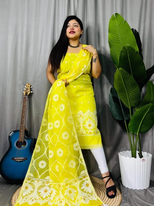 Sunflower Lemon Yellow Unstitched 2 Piece Jamdani Suit Set