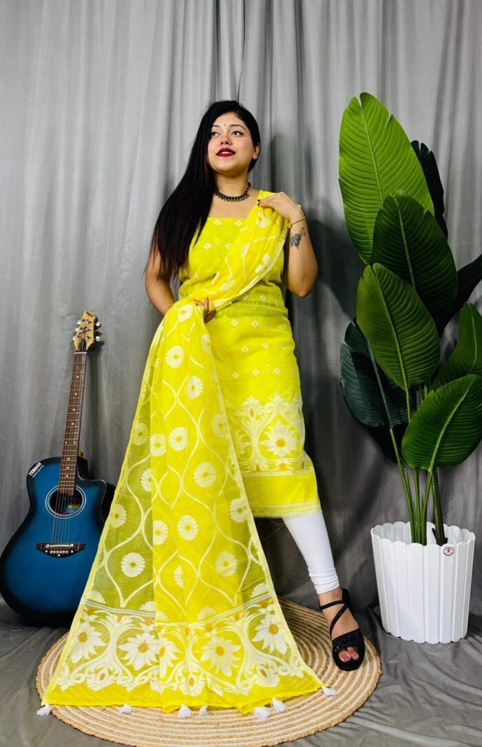 Sunflower Lemon Yellow Unstitched 2 Piece Jamdani Suit Set