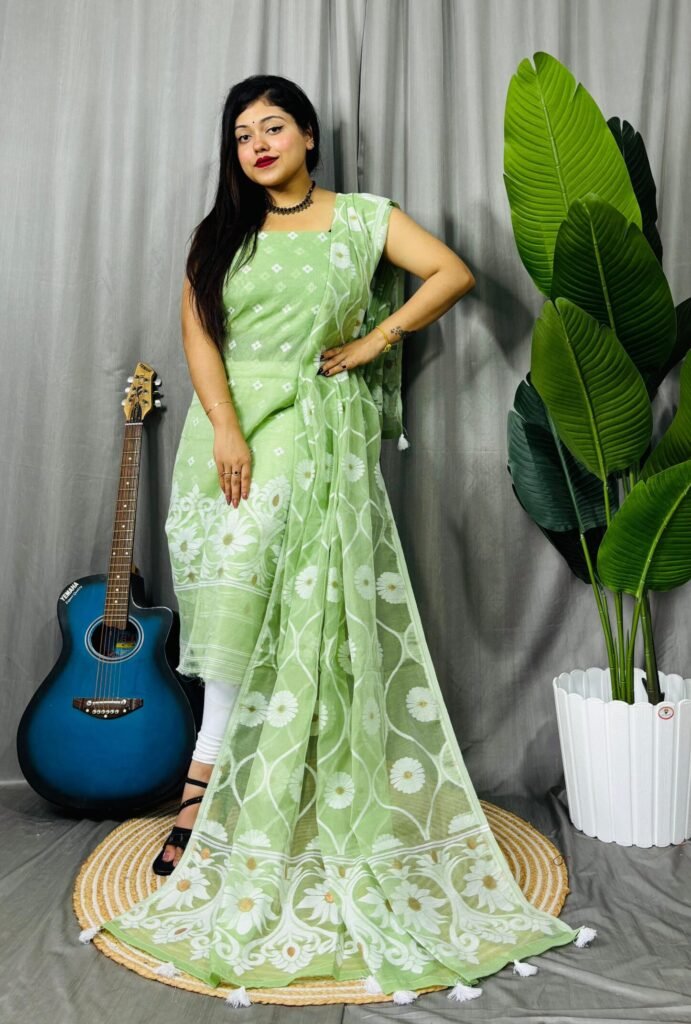 Sunflower Light Green Unstitched 2 Piece Jamdani Suit Set