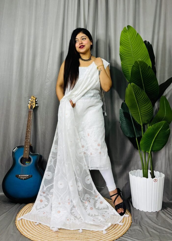 Sunflower White Unstitched 2 Piece Jamdani Suit Set
