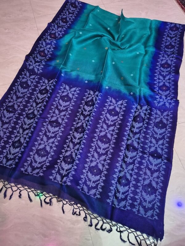 Teal Blue Pure Gachi Tussar By Gachi Tussar Handloom Jamdani Sari With Blouse Piece