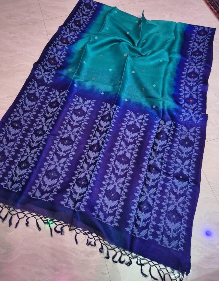 Teal Blue Pure Gachi Tussar By Gachi Tussar Handloom Jamdani Sari With Blouse Piece
